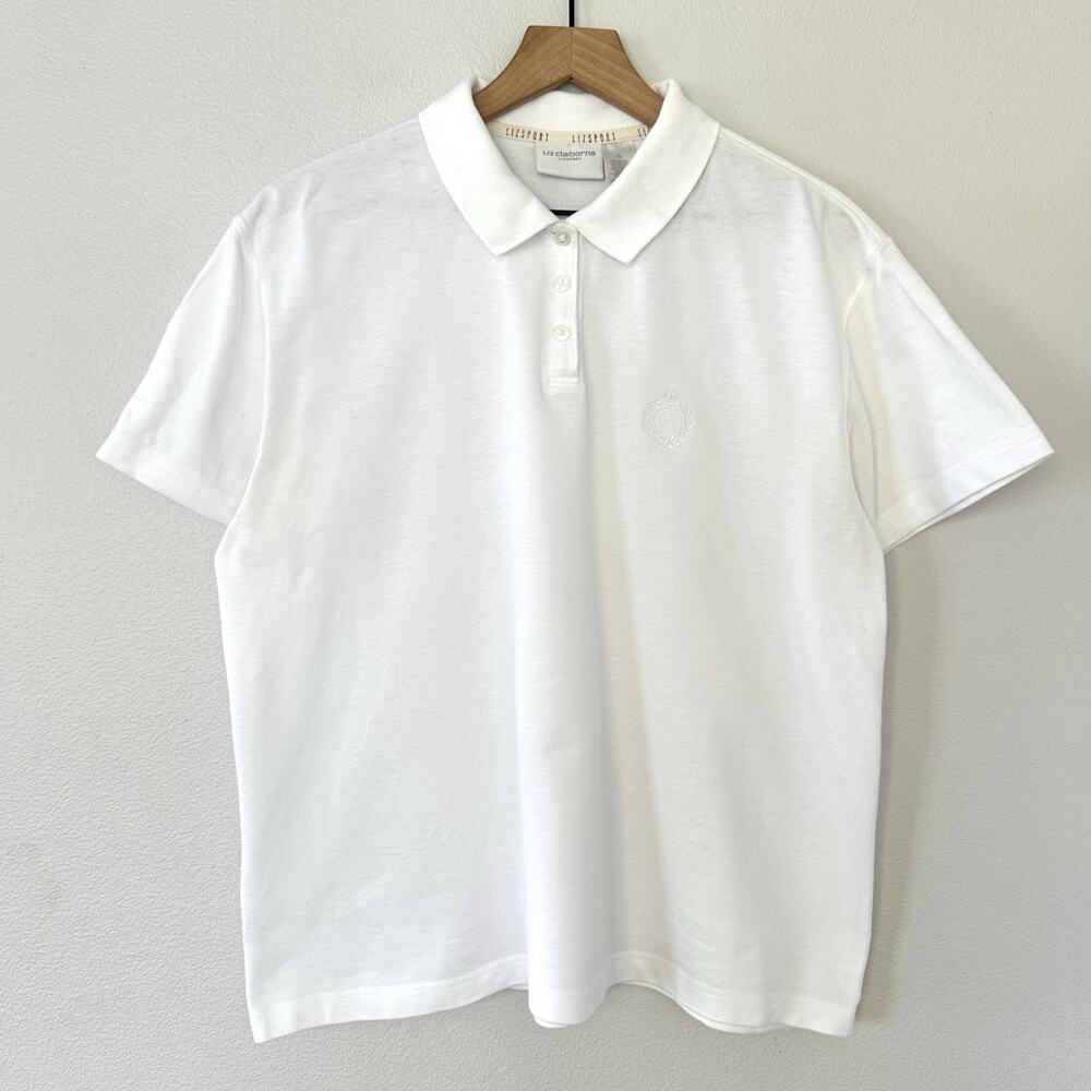 Vintage Y2K Liz Claiborne Lizsport 100% Cotton White Polo Shirt XL Preppy Twee